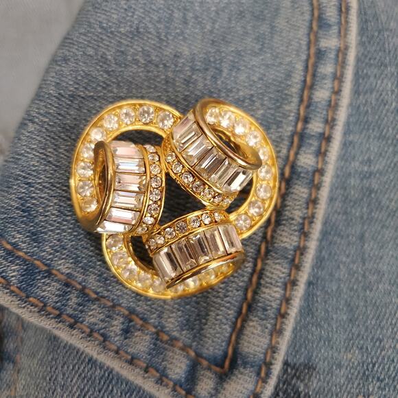 Triple Coil Brooch Gold Tone with Baguette and Round Rhinestones Bling Statement - Picture 2 of 10